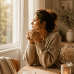 Erschöpfte Mama sitzt mit einer Tasse Tee am Fenster in einem warmen Zuhause und nimmt sich einen ruhigen Moment für sich