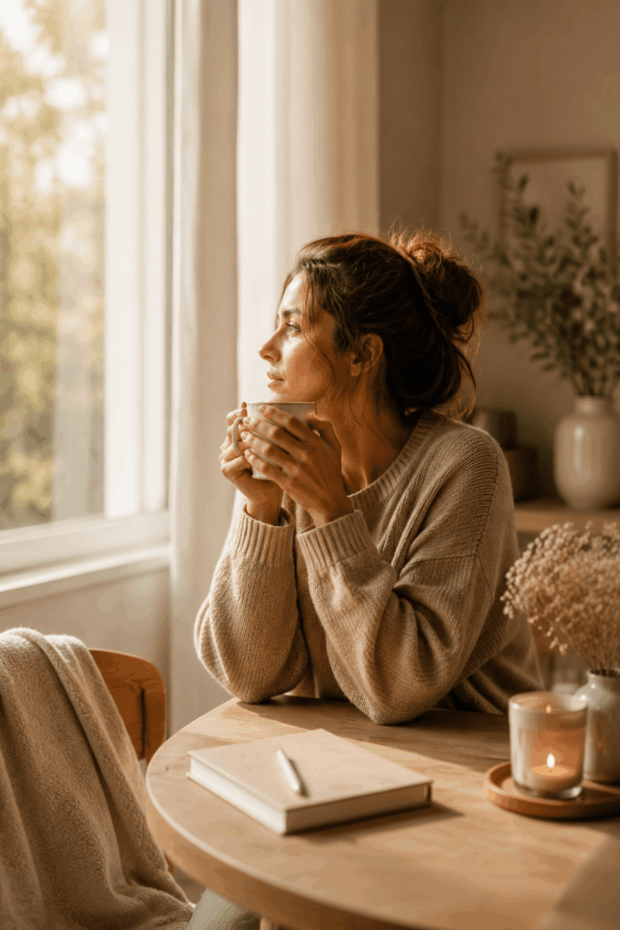 Erschöpfte Mama sitzt mit einer Tasse Tee am Fenster in einem warmen Zuhause und nimmt sich einen ruhigen Moment für sich