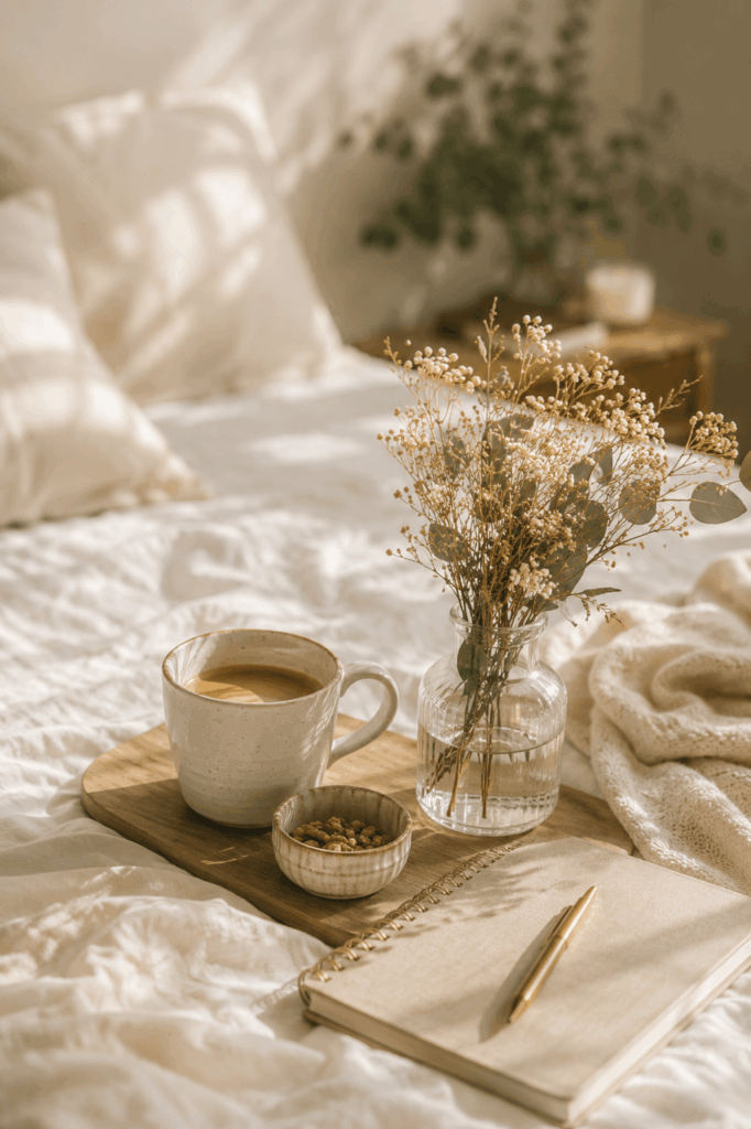 Gemütliche Szene mit einer Tasse Kaffee, Notizbuch, Trockenblumen und einer weichen Decke auf einem Bett in warmem Morgenlicht – Sinnbild für Ruhe und ein reguliertes Nervensystem im Mama-Alltag.