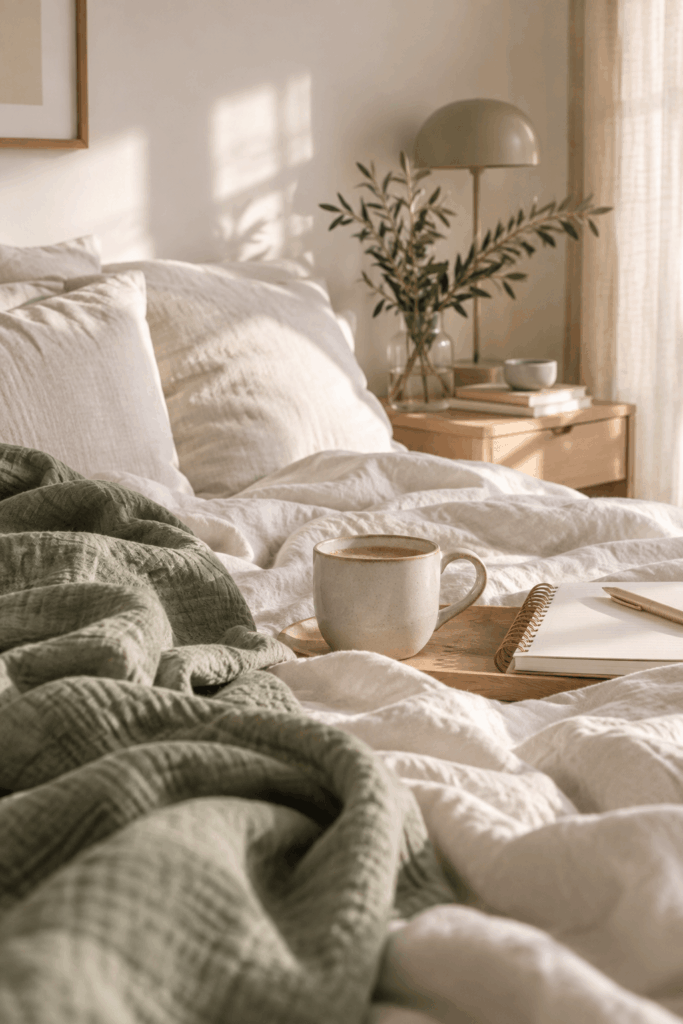 Gemütliches Bett in sanftem Morgenlicht mit einer Tasse Kaffee auf einem Tablett und einem offenen Notizbuch als Symbol für ruhige Morgenrituale im Mama-Alltag.