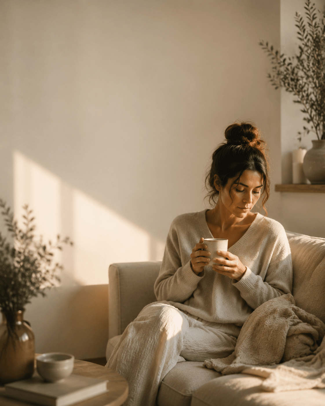 Frau sitzt entspannt auf dem Sofa und hält eine Tasse Tee im warmen Fensterlicht während eines ruhigen Achtsamkeitsmoments