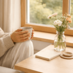 Achtsamkeit im Alltag für Mamas: ruhiger Moment mit einer Tasse Tee am Fenster.