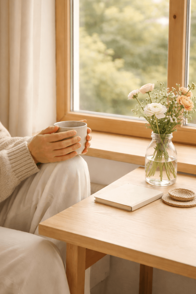 Achtsamkeit im Alltag für Mamas: ruhiger Moment mit einer Tasse Tee am Fenster.