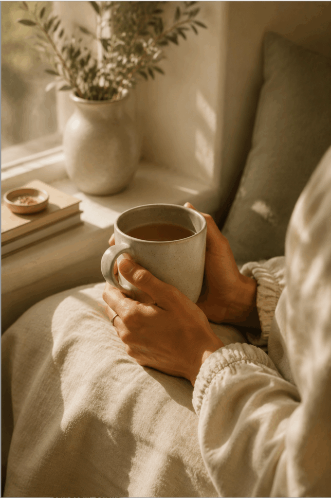 Nahaufnahme von Händen, die eine warme Tasse halten neben einem Fenster im sanften Morgenlicht