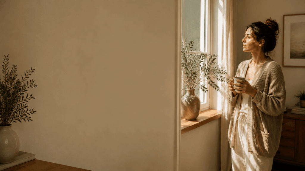Erschöpfte Frau mit Tasse am Fenster im Morgenlicht