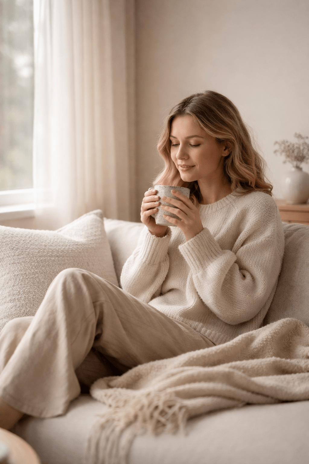 Frau sitzt entspannt auf einem Sofa mit einer Tasse in den Händen und genießt einen ruhigen Moment. Symbolbild für Selbstfürsorge, Achtsamkeit, Stressabbau und mehr Energie im Mama-Alltag.