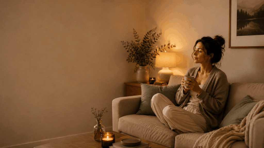 Frau sitzt entspannt auf dem Sofa mit einer Tasse Tee