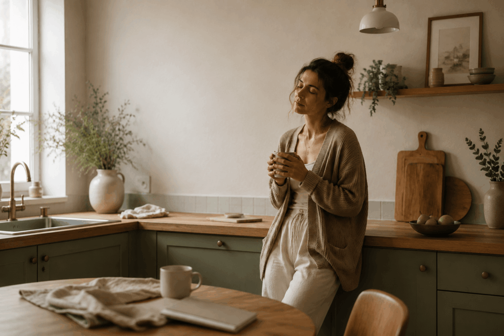 Müde Frau in einer ruhigen Küche mit einer Tasse Kaffee