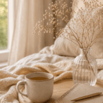 Warme Tasse Tee und Notizbuch in einem ruhigen Schlafzimmer als Symbol für Entspannung und eine bewusste Pause im Mama-Alltag.