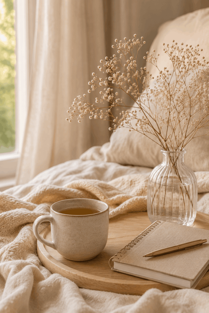 Warme Tasse Tee und Notizbuch in einem ruhigen Schlafzimmer als Symbol für Entspannung und eine bewusste Pause im Mama-Alltag.