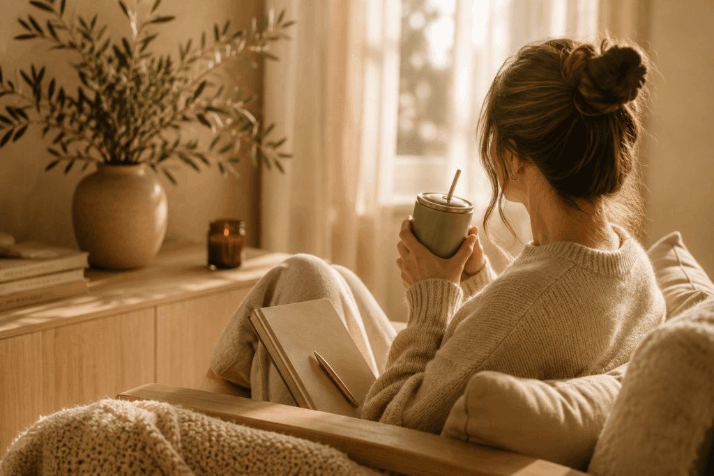 Frau sitzt mit einem Thermobecher auf dem Sofa und genießt eine ruhige Pause am Fenster – Symbolbild für bewusste Auszeiten im Mama-Alltag.