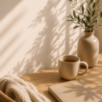Beiger Arbeitsplatz mit einer Tasse Tee, einem Notizbuch und einer Vase im warmen Sonnenlicht – Symbolbild für bewusste Pausen und Erholung im Mama-Alltag.