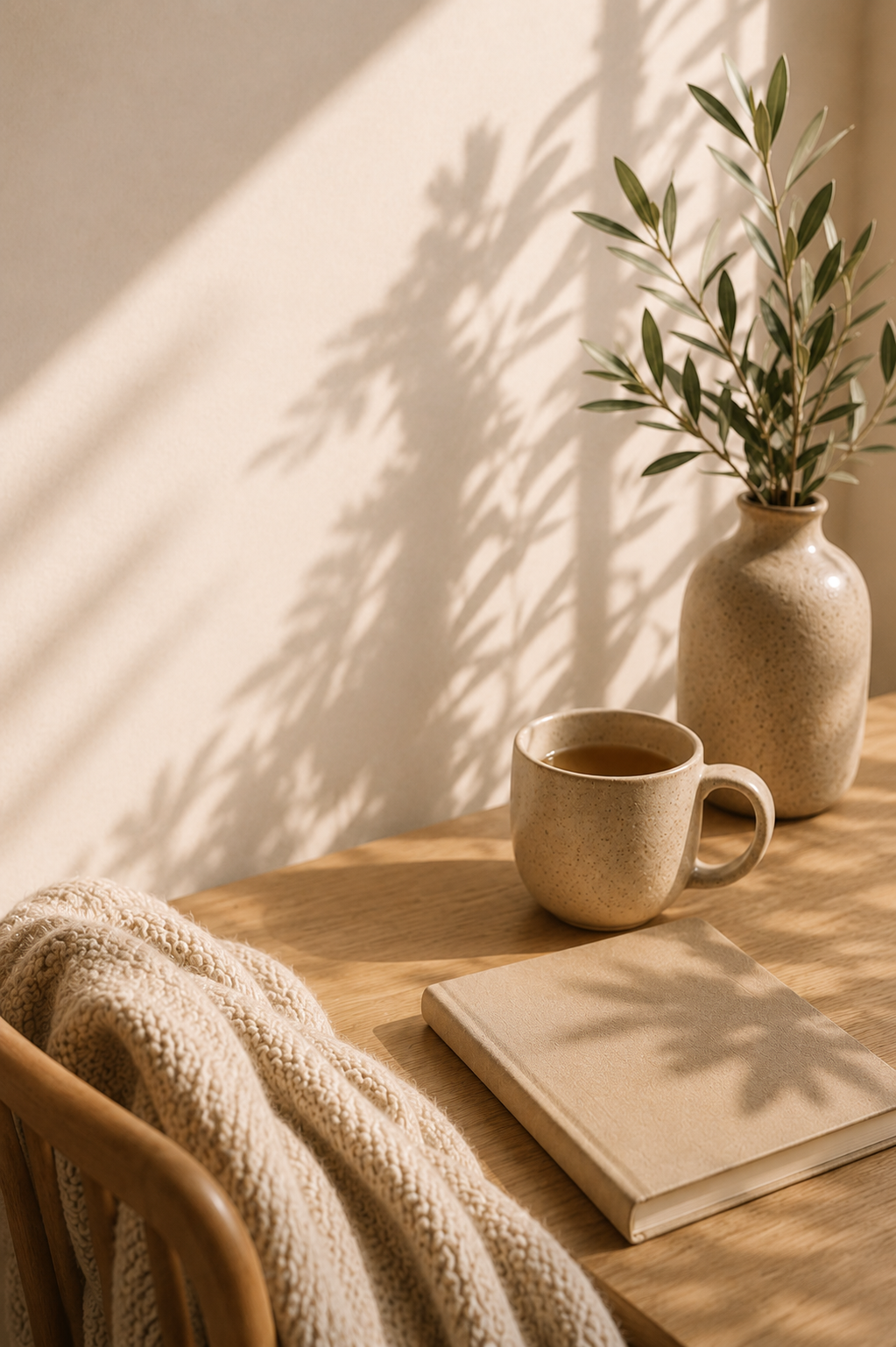 Beiger Arbeitsplatz mit einer Tasse Tee, einem Notizbuch und einer Vase im warmen Sonnenlicht – Symbolbild für bewusste Pausen und Erholung im Mama-Alltag.