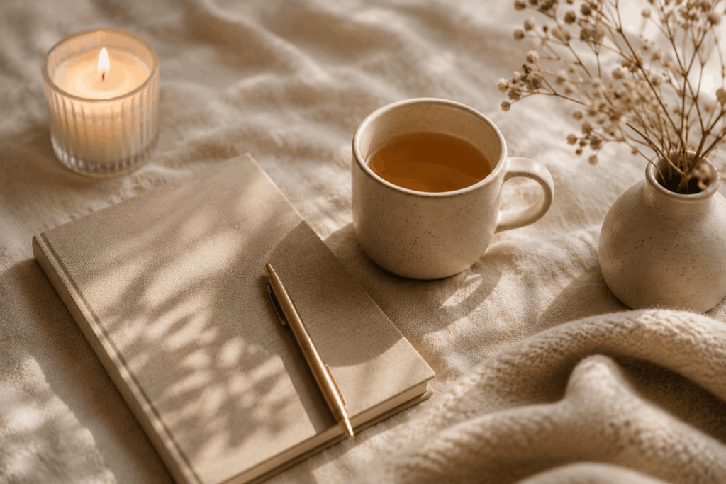 Notizbuch, Tasse Tee und Kerze als ruhiges Abendritual für mehr Selbstfürsorge.