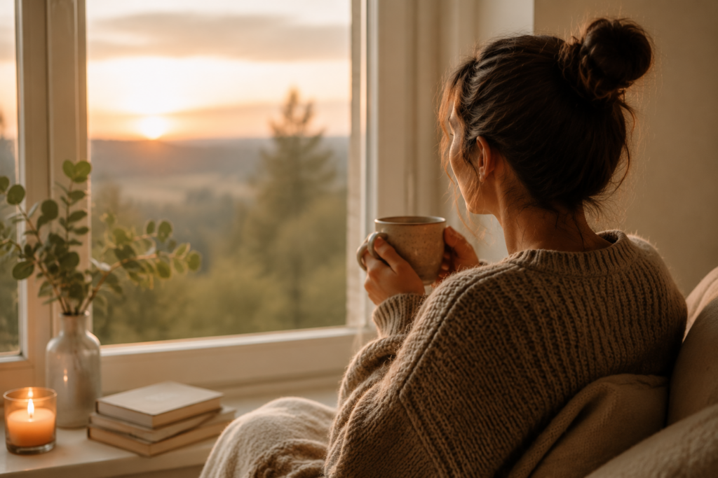 Frau blickt mit einer Tasse Tee ruhig aus dem Fenster und kommt langsam zur Ruhe