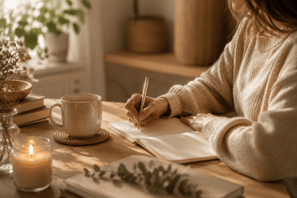 Frau schreibt in ein Notizbuch an einem sonnigen Holztisch mit Tasse und Pflanzen in gemütlicher Atmosphäre.