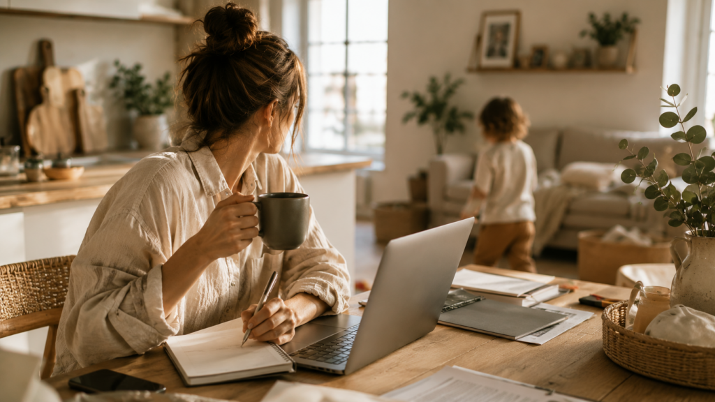 Mutter sitzt mit Laptop, Notizbuch und Kaffeetasse am Esstisch, während ihr Kind im Hintergrund spielt – Symbolbild für Mental Load und ständige Unterbrechungen im Mama-Alltag.