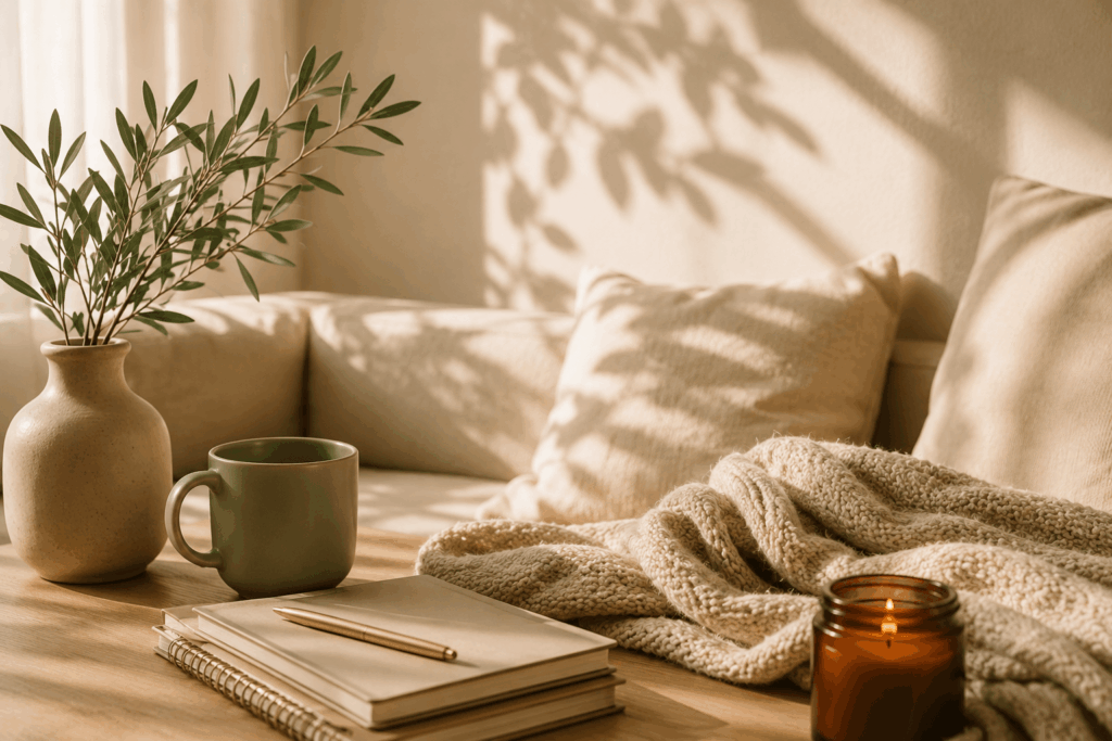 Gemütliche Sofaecke mit Tasse, Notizbuch, Kerze und weicher Decke im warmen Sonnenlicht – Symbolbild für Entspannung und Selbstfürsorge.