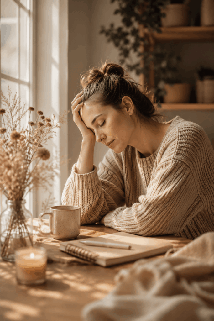 Nachdenkliche Mutter sitzt mit einer Tasse Kaffee am Tisch und wirkt erschöpft. Warme Wohnatmosphäre mit natürlichem Licht als Symbol für Energielosigkeit im Mama-Alltag.