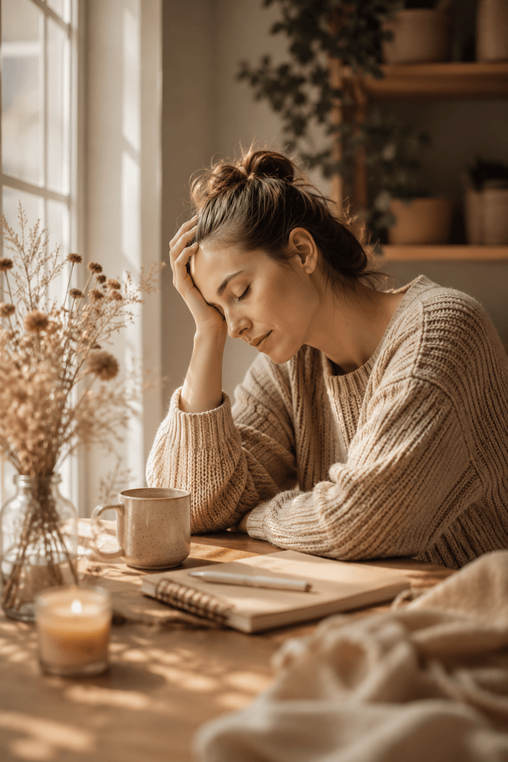 Nachdenkliche Mutter sitzt mit einer Tasse Kaffee am Tisch und wirkt erschöpft. Warme Wohnatmosphäre mit natürlichem Licht als Symbol für Energielosigkeit im Mama-Alltag.