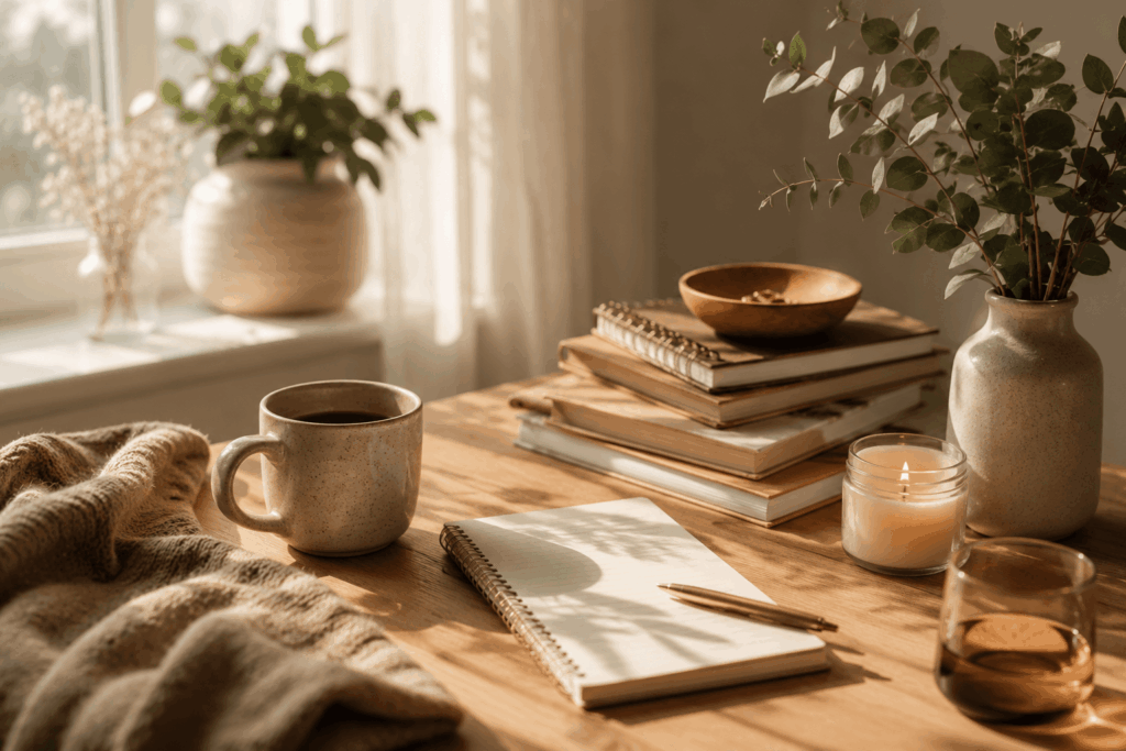 Gemütlicher Arbeitsplatz mit Notizbuch, Kerze, Pflanzen und Tasse Tee in warmem Sonnenlicht.