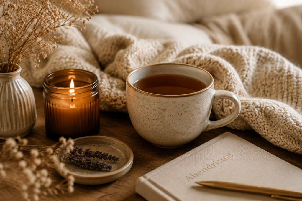 Warme Tasse Tee, Kerze und Notizbuch als ruhiges Abendritual zur Entspannung