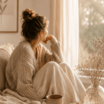 Nachdenkliche Mutter sitzt mit einer Tasse Tee am Fenster in einer warmen, ruhigen Wohnatmosphäre – Symbolbild für Selbstfürsorge, innere Unruhe und die Regulation des Nervensystems.