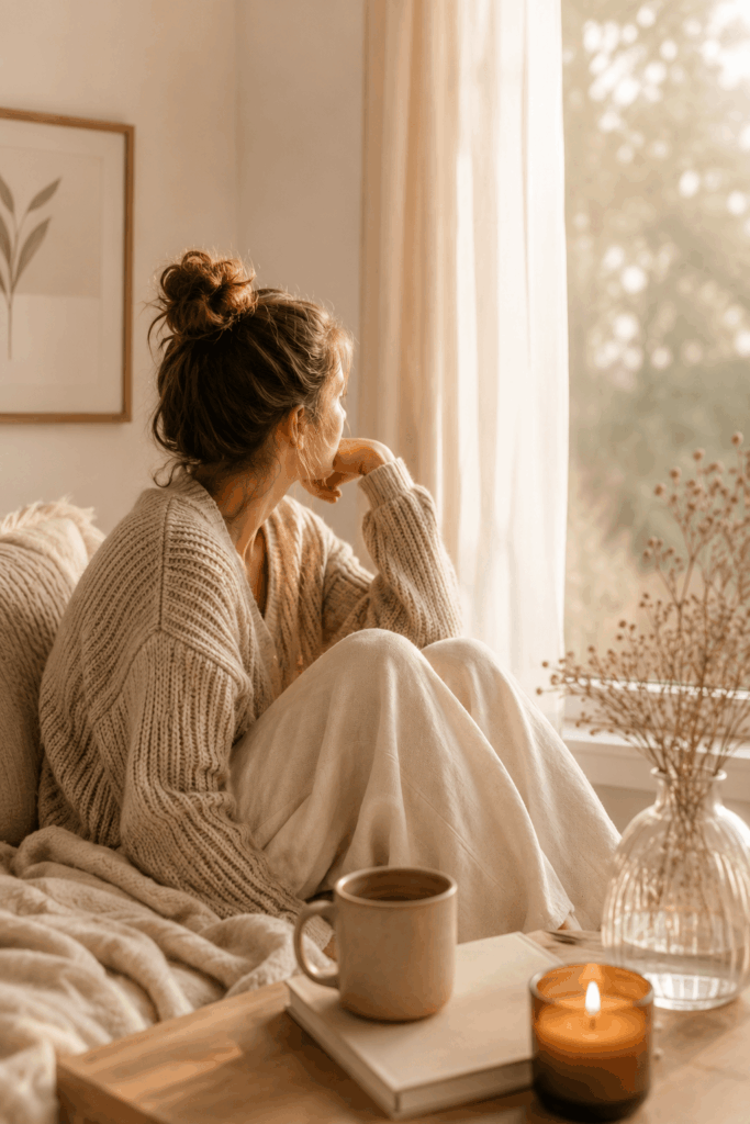 Nachdenkliche Mutter sitzt mit einer Tasse Tee am Fenster in einer warmen, ruhigen Wohnatmosphäre – Symbolbild für Selbstfürsorge, innere Unruhe und die Regulation des Nervensystems.