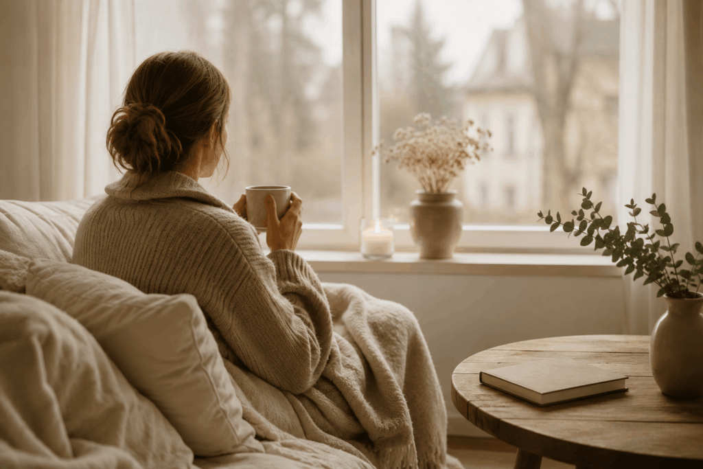 Mama sitzt mit einer Tasse Tee am Fenster und gönnt sich einen ruhigen Moment der Selbstfürsorge.