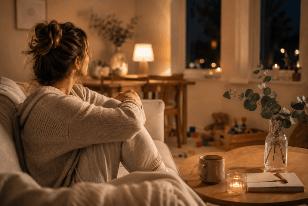 Erschöpfte Mama sitzt am Abend auf dem Sofa, während die Wohnung ruhig wird und sie innerlich noch nicht abschalten kann.