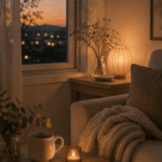 Gemütliche Abendstimmung mit warmer Beleuchtung, Tasse und Decke als Symbol für eine beruhigende Abendroutine und mehr innere Ruhe.