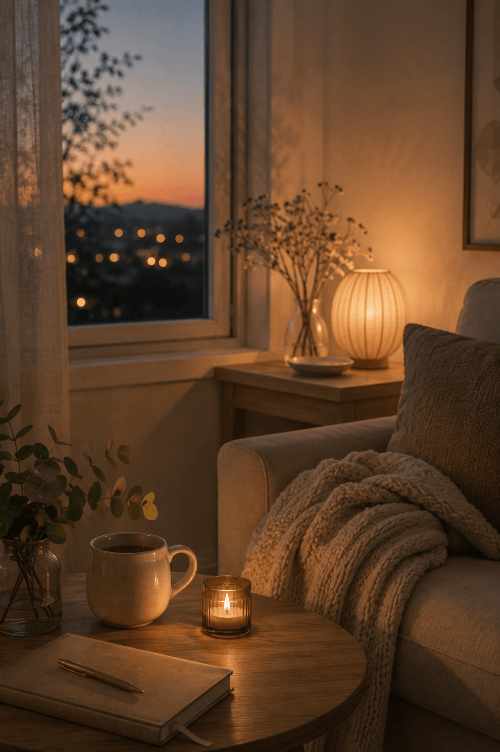 Gemütliche Abendstimmung mit warmer Beleuchtung, Tasse und Decke als Symbol für eine beruhigende Abendroutine und mehr innere Ruhe.