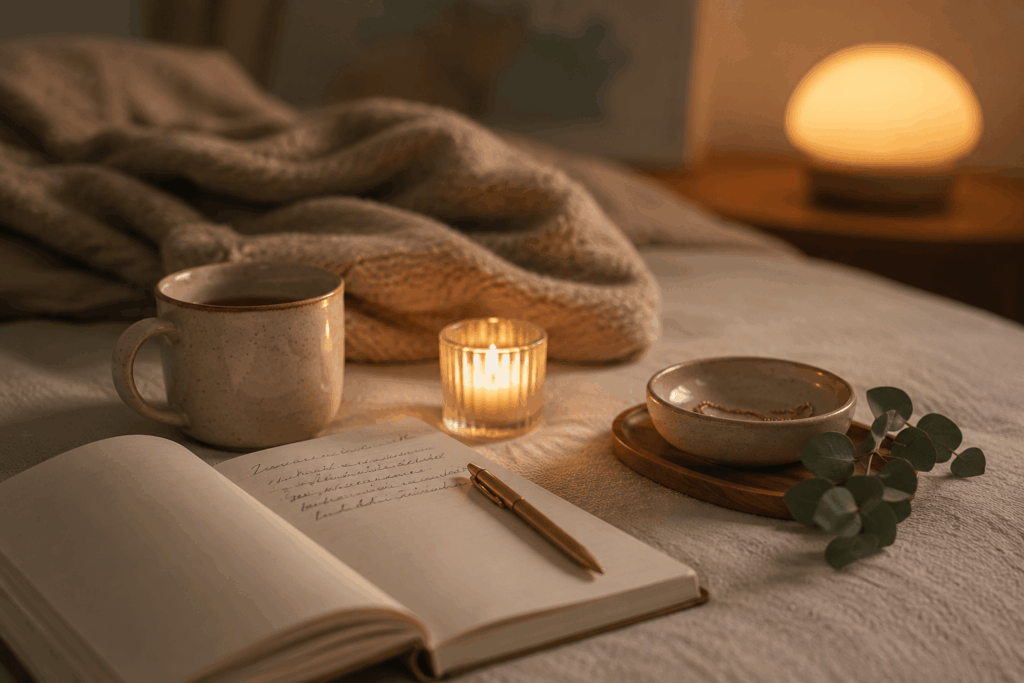 Warme Abendstimmung mit Tee, Kerze und Journal als ruhiger Teil einer Abendroutine.