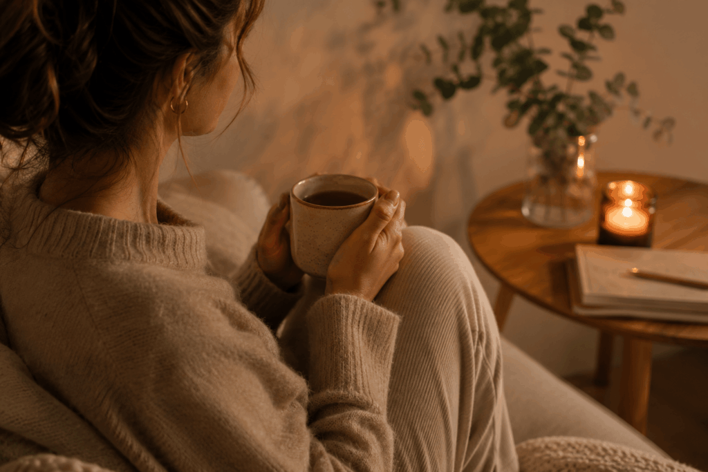 Frau sitzt am Abend mit einer warmen Tasse auf dem Sofa und genießt einen ruhigen Moment.