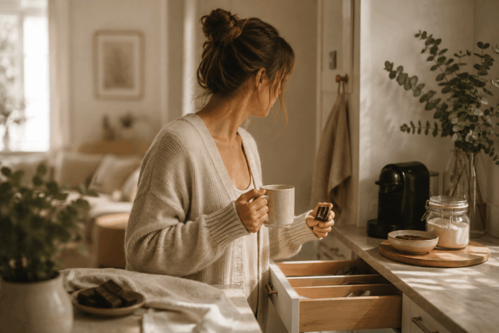 Mama mit einer Tasse Kaffee in einer ruhigen Küche am Morgen – ein Moment der Ruhe vor dem Frühstück.