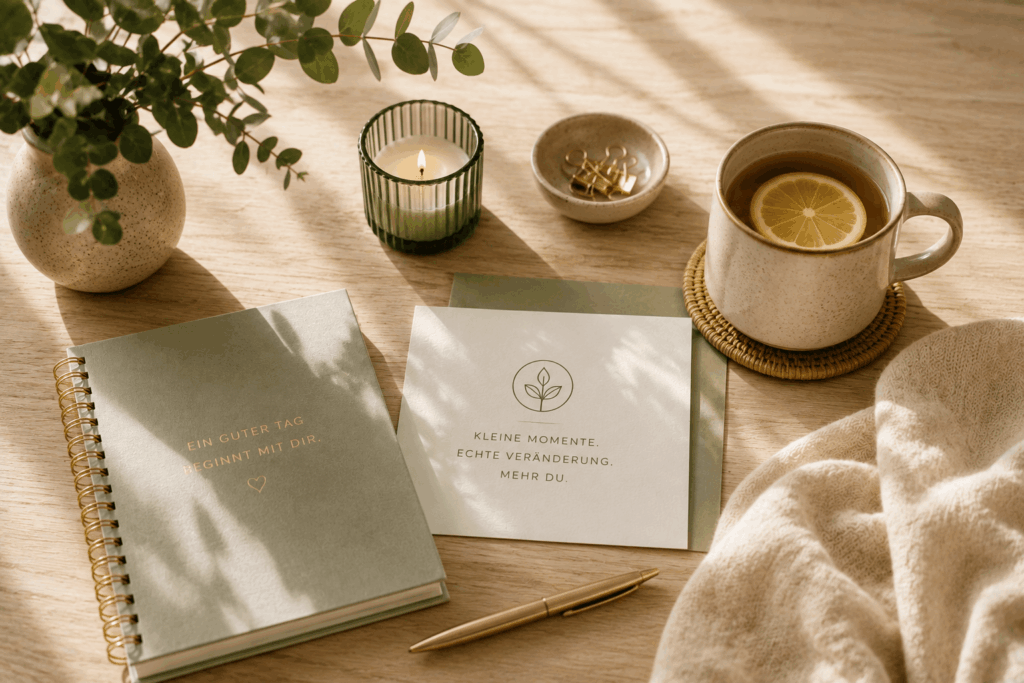 Ruhiger Arbeitsplatz mit Journal, Tee, Kerze und Eukalyptus als Symbol für kleine Rituale, die das Nervensystem im Mama-Alltag unterstützen.