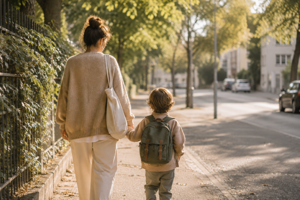 Mama und Kind auf dem morgendlichen Schulweg im natürlichen Tageslicht