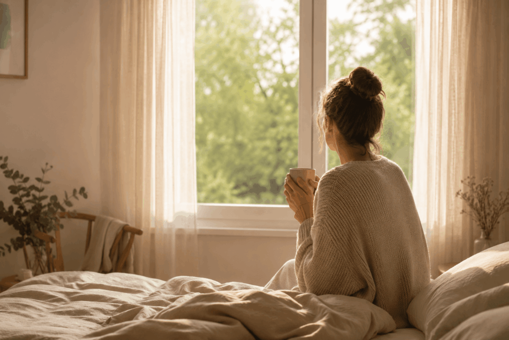 Frau sitzt morgens am Fenster im Tageslicht und hält eine Tasse in den Händen