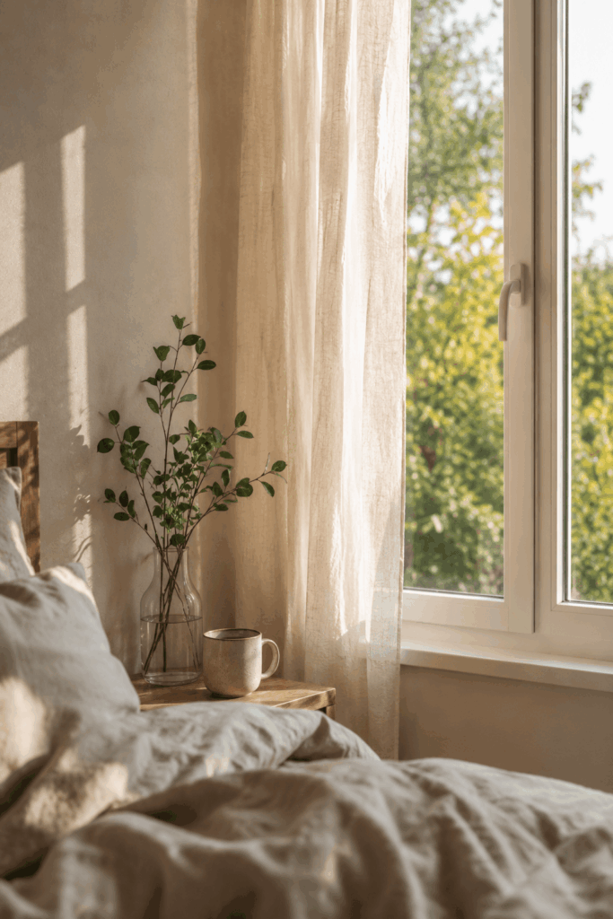 Ruhiger Morgen am Fenster als Symbol für eine sanfte Morgenroutine für mehr Energie