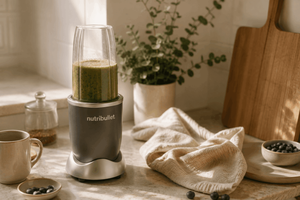 Frisch gemixter grüner Smoothie im Nutribullet auf einer hellen Küchenarbeitsplatte am Morgen.