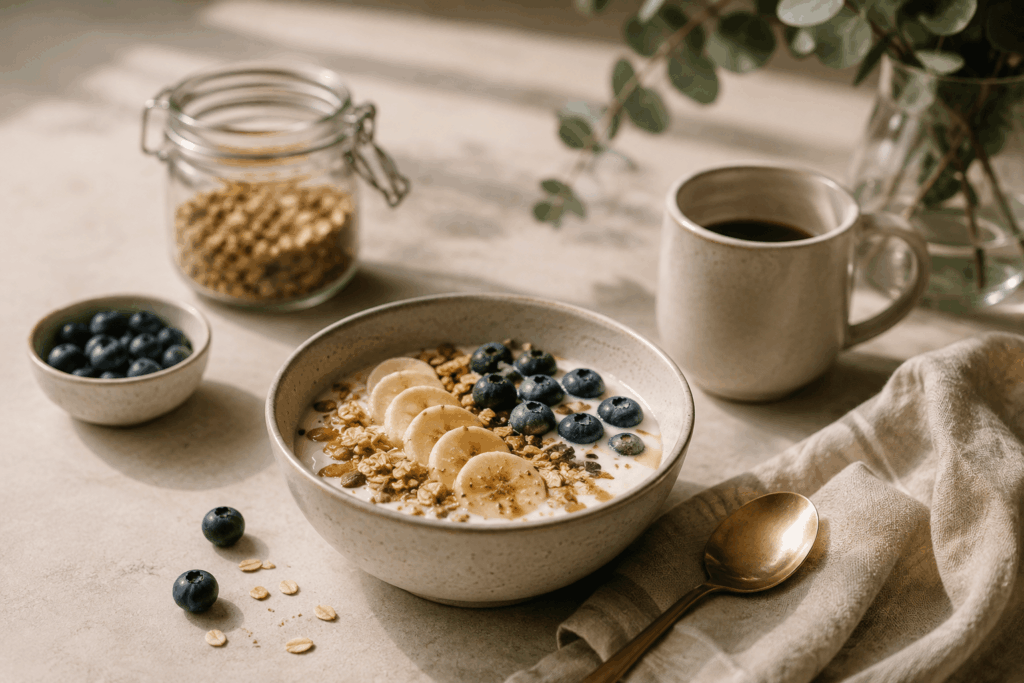 Schüssel mit Joghurt, Haferflocken, Banane und Heidelbeeren als Beispiel für ein ausgewogenes, proteinreiches Frühstück.