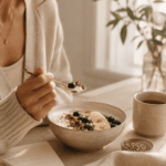 Frau genießt ein proteinreiches Frühstück mit Joghurt, Banane, Heidelbeeren und Granola an einem hellen Tisch im warmen Morgenlicht.