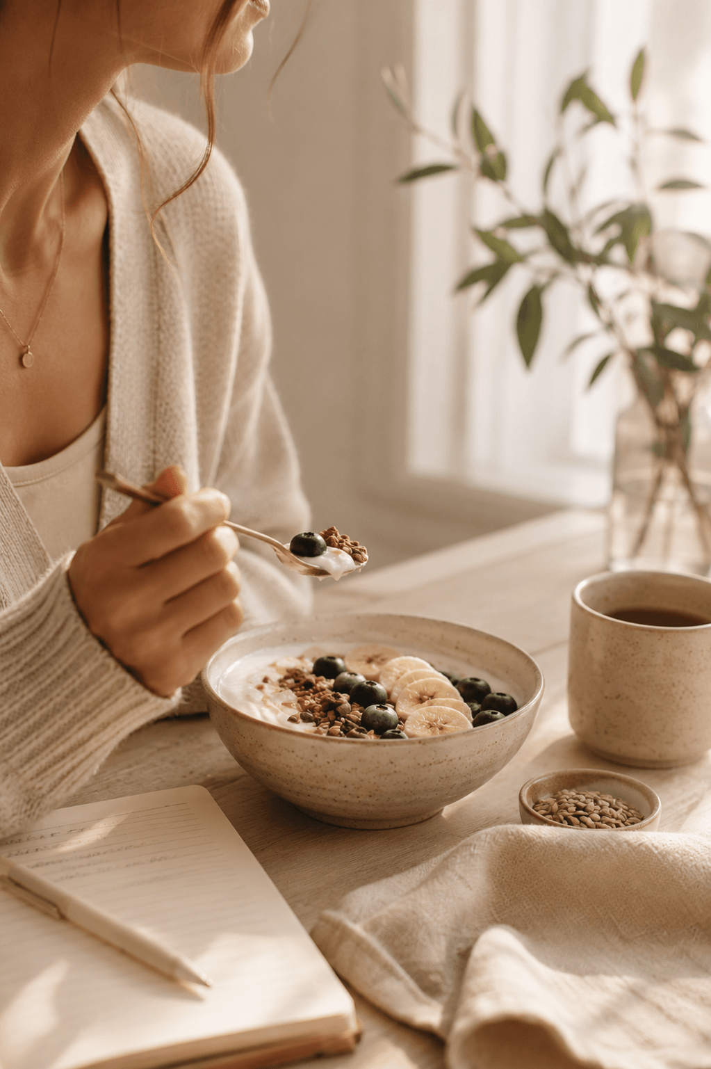 Frau genießt ein proteinreiches Frühstück mit Joghurt, Banane, Heidelbeeren und Granola an einem hellen Tisch im warmen Morgenlicht.