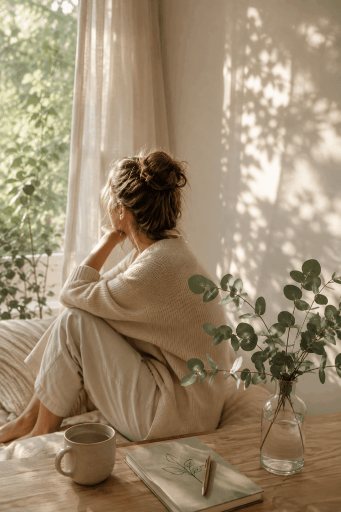 Frau sitzt nachdenklich am Fenster in einem hellen, ruhigen Zuhause. Warmes Morgenlicht fällt durch die Vorhänge und schafft eine entspannte Atmosphäre. Das Bild steht sinnbildlich für ein überreiztes Nervensystem, innere Anspannung und den Wunsch nach mehr Ruhe im Mama-Alltag.
