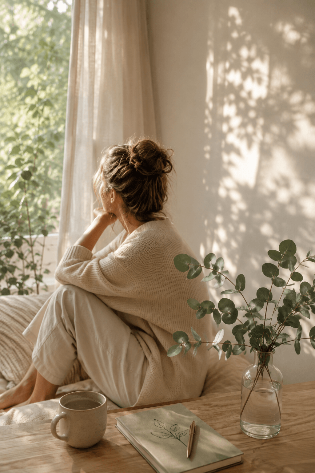 Frau sitzt nachdenklich am Fenster in einem hellen, ruhigen Zuhause. Warmes Morgenlicht fällt durch die Vorhänge und schafft eine entspannte Atmosphäre. Das Bild steht sinnbildlich für ein überreiztes Nervensystem, innere Anspannung und den Wunsch nach mehr Ruhe im Mama-Alltag.