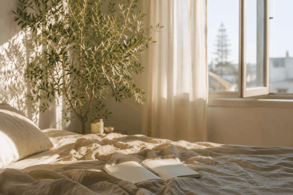 Helles Schlafzimmer mit warmem Tageslicht als Symbol für mehr Energie im Alltag
