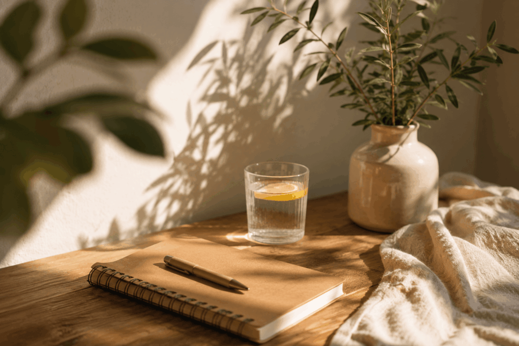 Wasser, Notizbuch und Tageslicht als kleine Energie-Booster im Alltag