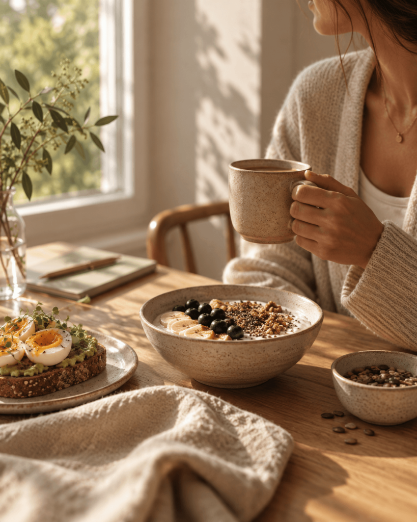 Frau am Frühstückstisch mit Joghurt, Beeren, Nüssen, Ei auf Brot und einer Tasse Kaffee im warmen Morgenlicht.